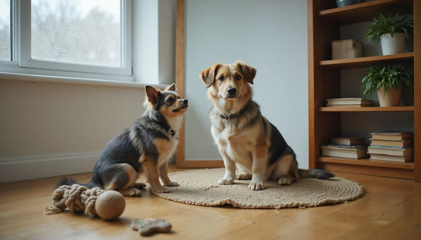 A confused dog looks at its reflection in a mirror on a rainy day.