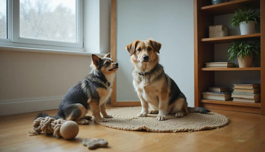 A confused dog looks at its reflection in a mirror on a rainy day.