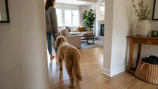 Dog following owner through a home hallway