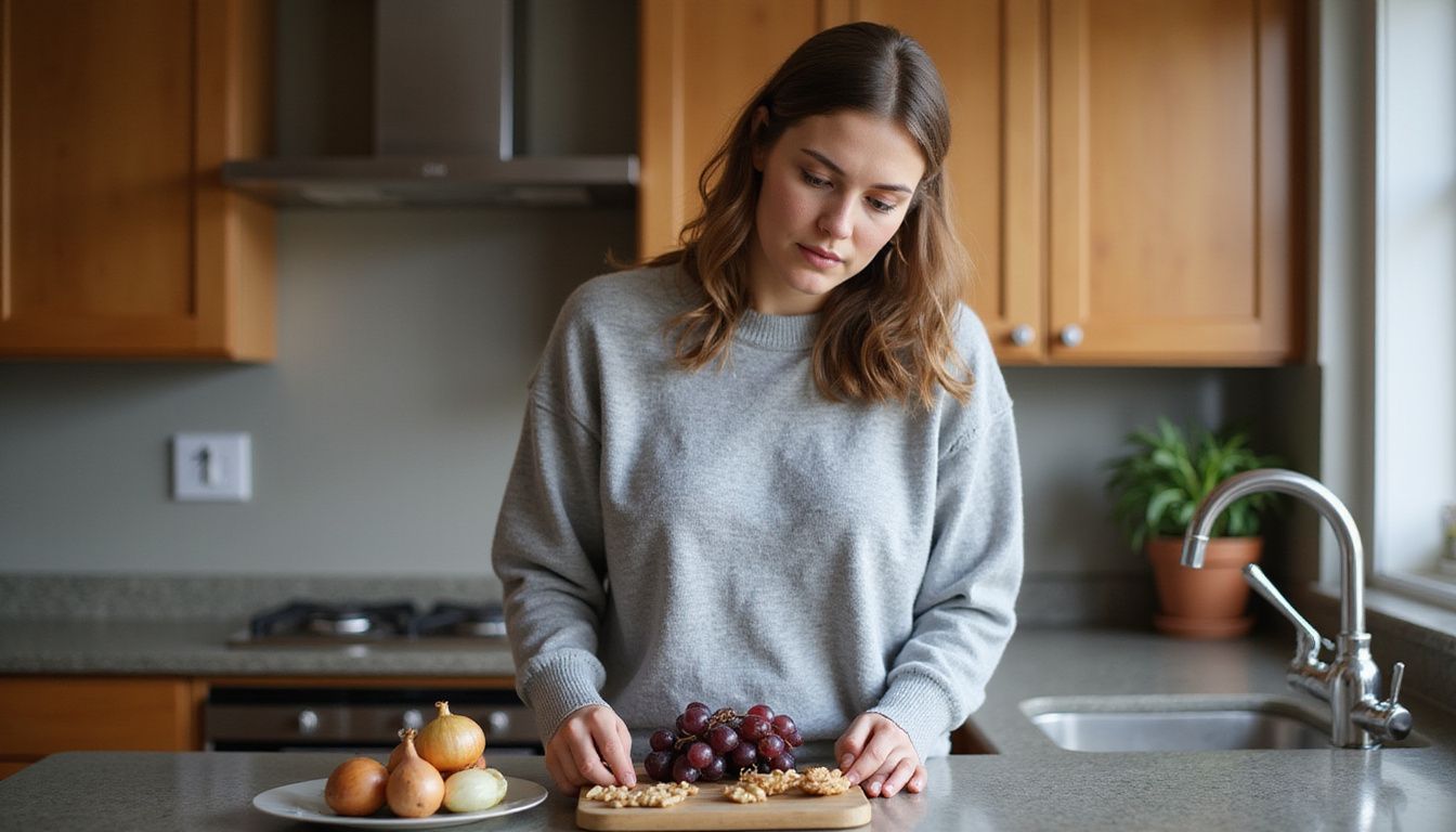 A woman is standing in a kitchen, focusing on toxic foods for pets.