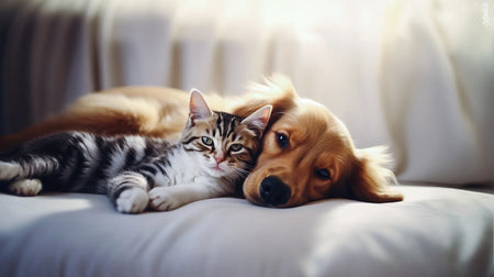 Cat and dog lying on a couch together