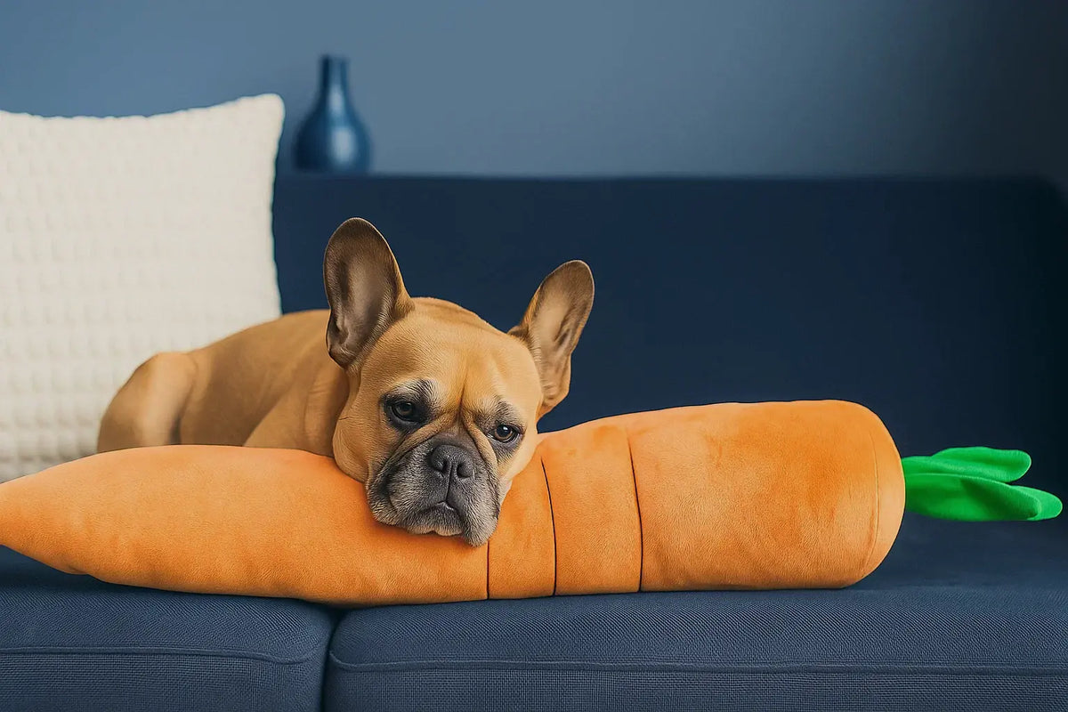Dog lying on a couch with a big carrot toy