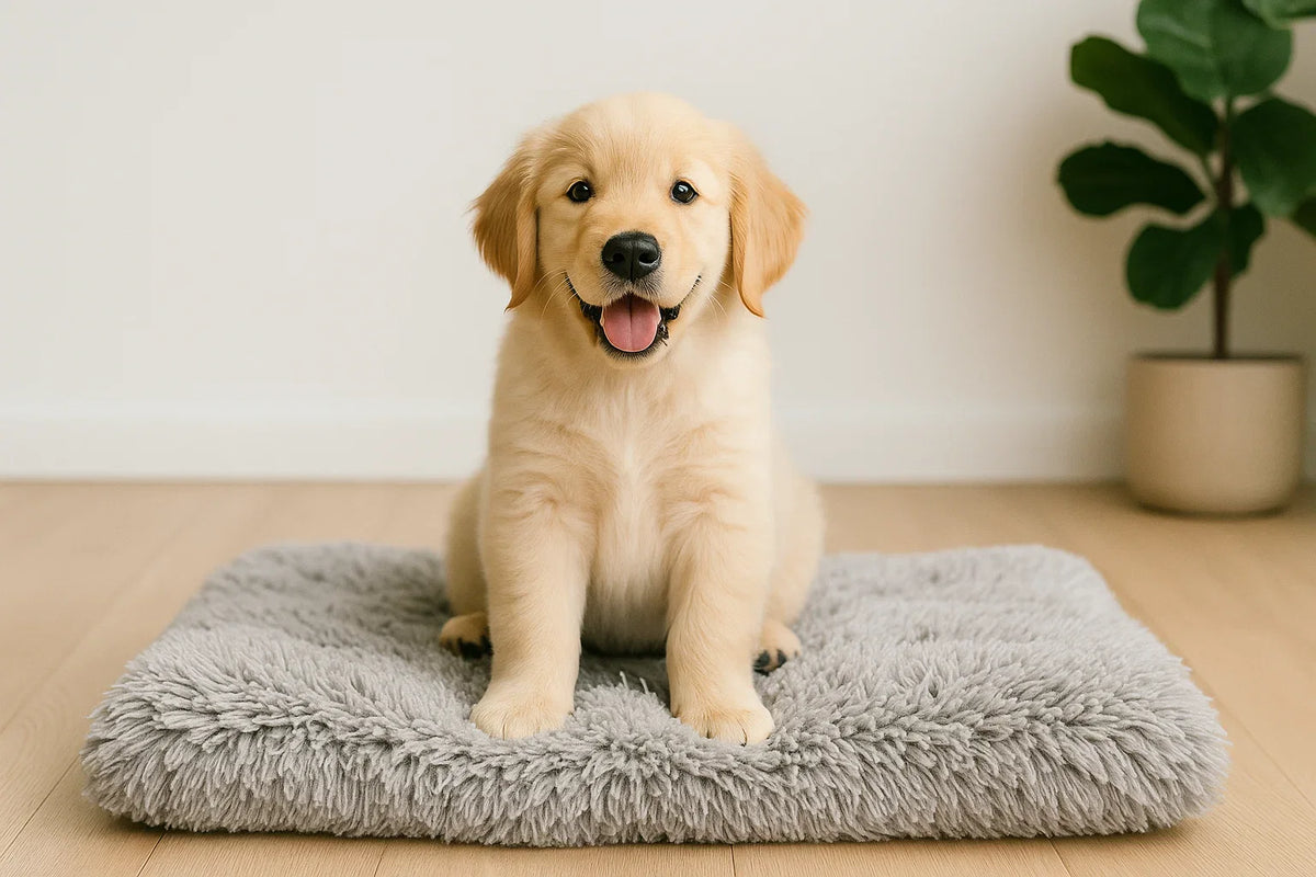 Golden retriever puppy sitting on fluffy grey dog mattress