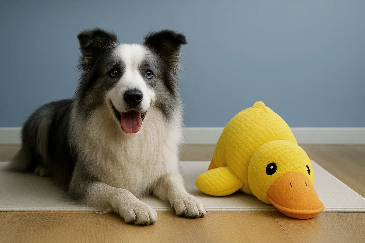 Smiling border collie lying on floor beside duck dog toy