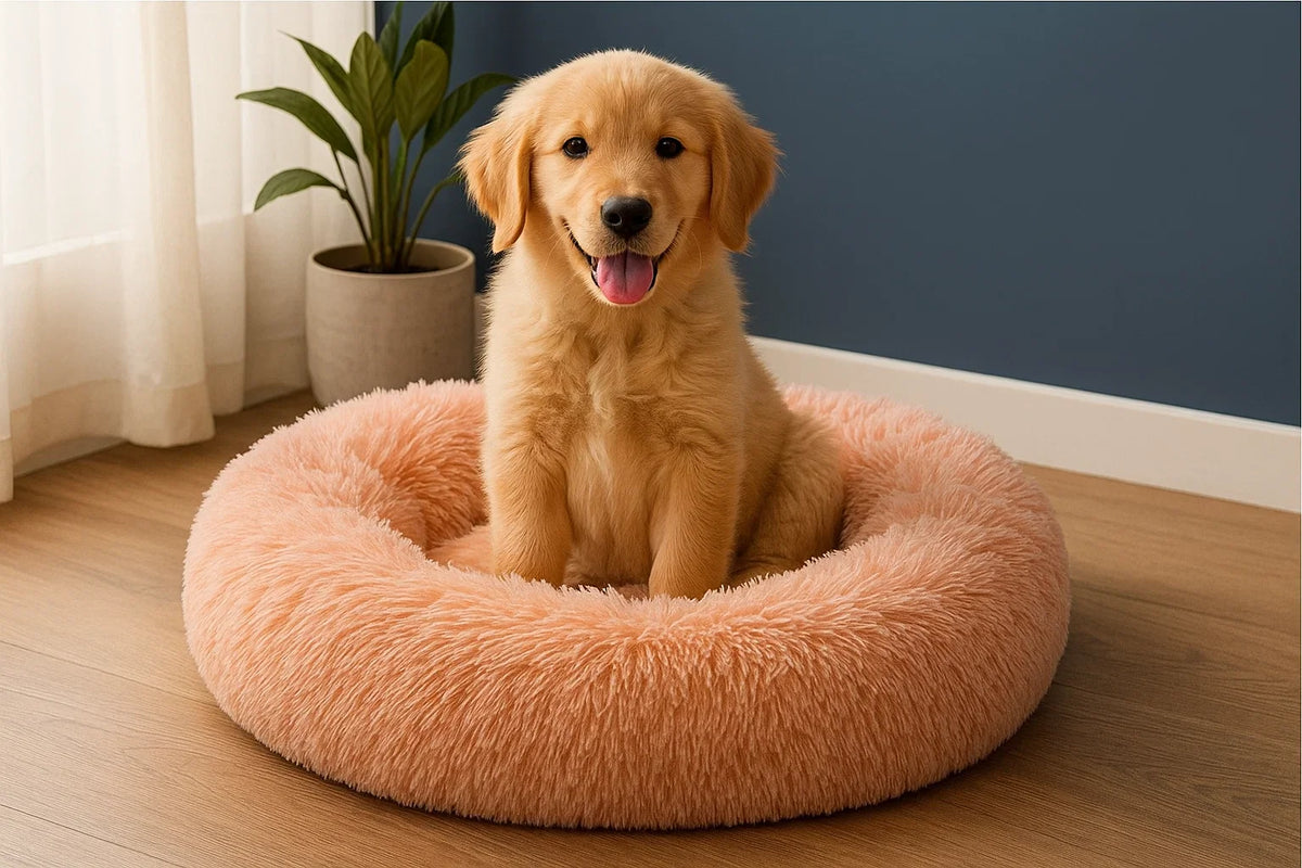 Golden retriever puppy sitting in a soft pink fluffy dog bed