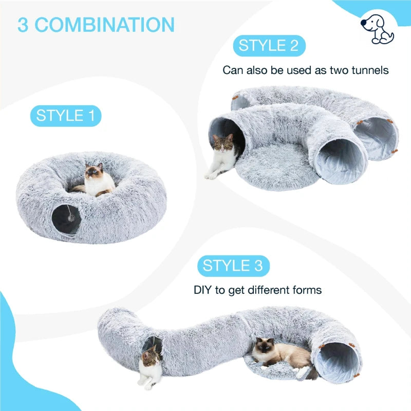 3 in 1 cozy cat tunnel bed shown in three combination styles