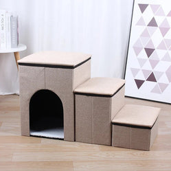 Pet stairs to bed with built-in house in beige fabric indoors 