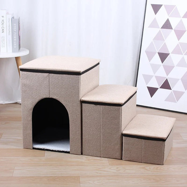 Pet stairs to bed with built-in house in beige fabric indoors 