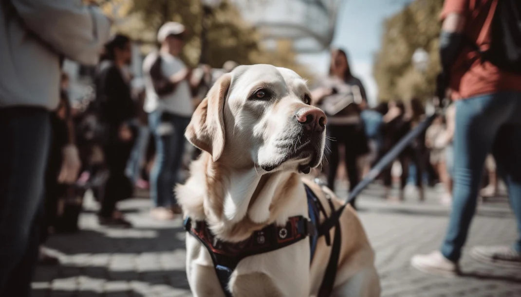 Labrador in a harness on a leash, outdoors in a crowd, showcasing pet leashes and collars collection.