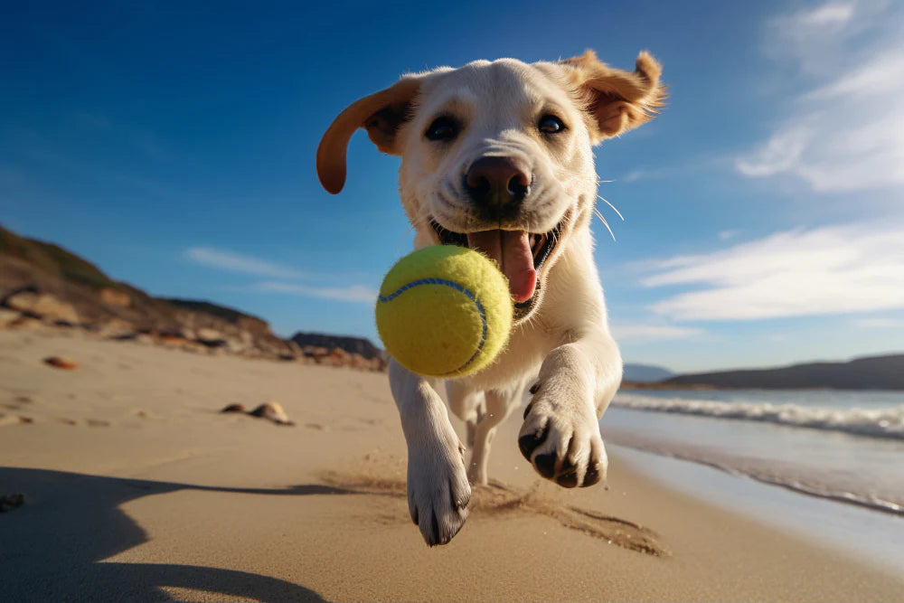 Happy dog running on the beach with a tennis ball, showcasing pet toys collection.