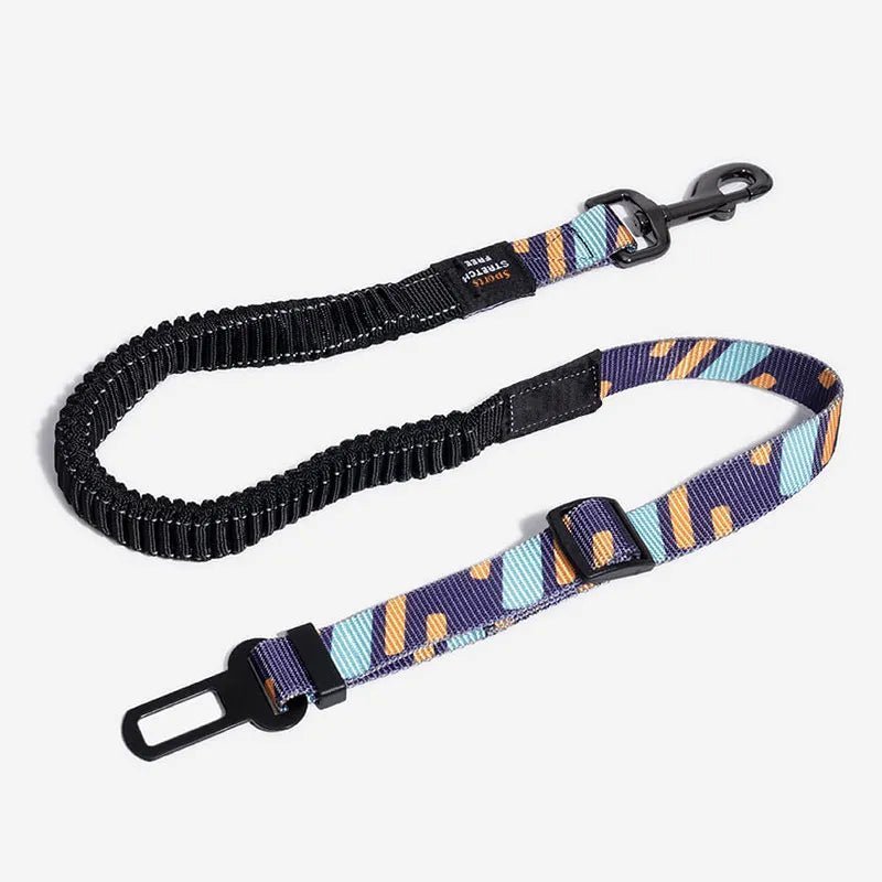 Adjustable dog car seat belt with bungee buffer, offering safety and comfort for dogs during car rides, vibrant design.