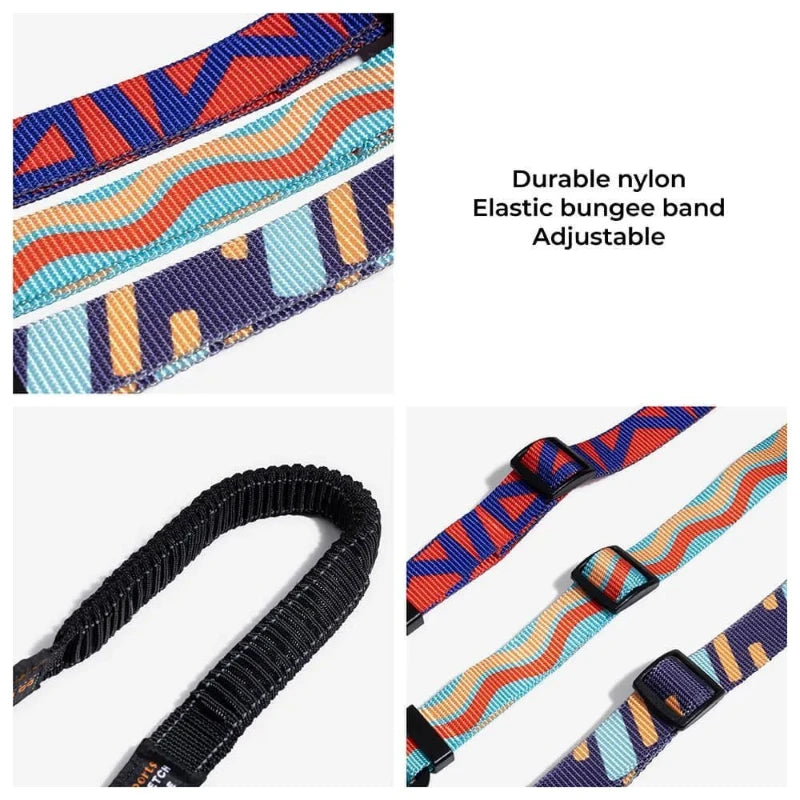 Close-up of adjustable dog car seat belts with durable nylon, elastic bungee band, and colorful patterns for safety in cars.