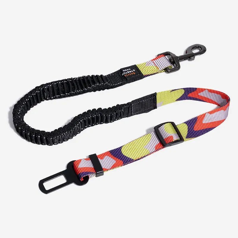 Colorful adjustable dog car seat belt with bungee buffer, ensuring pet safety and comfort during car rides.