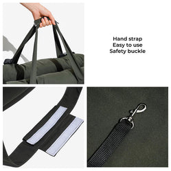 Pet car seat with seatbelt and secure buckle detail