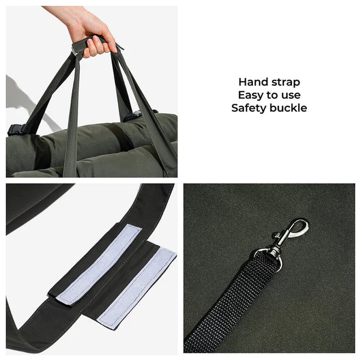 Pet car seat with seatbelt and secure buckle detail