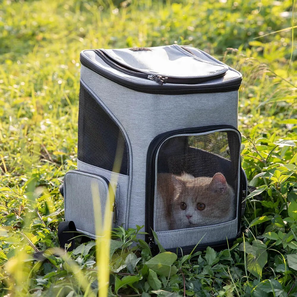 Airline-approved gray pet carrier backpack with mesh panels, perfect for outdoor adventures with small pets like cats.