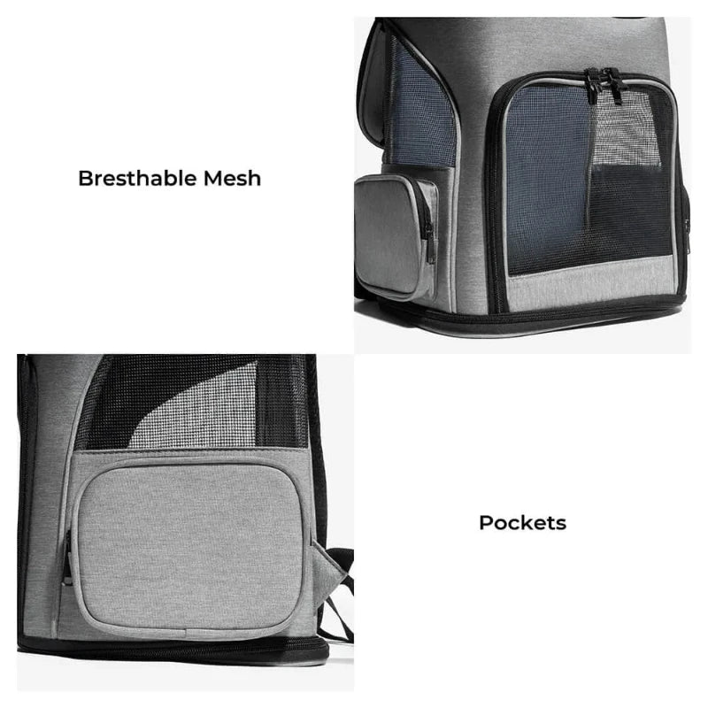 Airline-approved pet carrier backpack with breathable mesh panels and convenient pockets for storage.