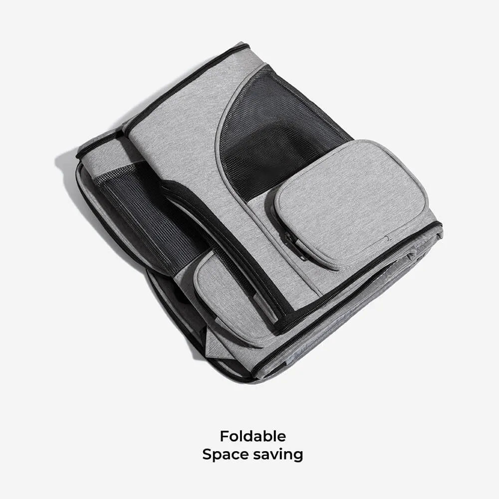 Foldable airline-approved pet carrier backpack in gray, designed for space-saving convenience.