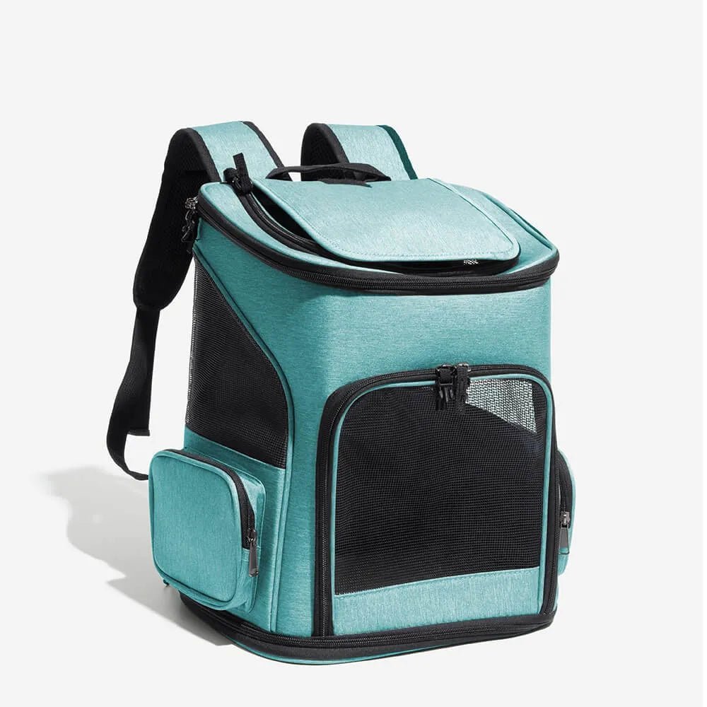 Airline-approved turquoise pet carrier backpack with mesh sides, ideal for pet travel and outdoor excursions.