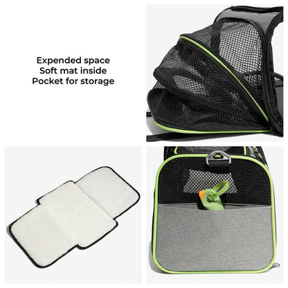 Airline-approved pet carrier with expandable space, soft mat, and storage pocket for convenient pet travel.