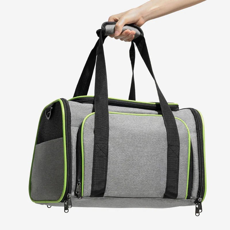 Expandable airline-approved pet carrier with soft mat and storage pocket for comfortable and convenient pet travel.