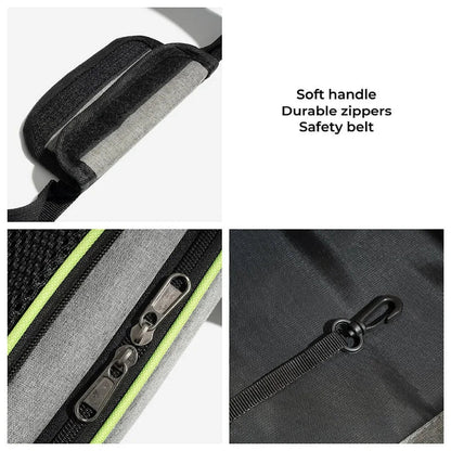 Close-up of airline-approved pet carrier bag features: soft handle, durable zippers, and safety belt attachment.