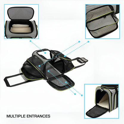 Airline-approved pet carrier bag with multiple entrances, breathable mesh panels, and foldable design for convenient travel.