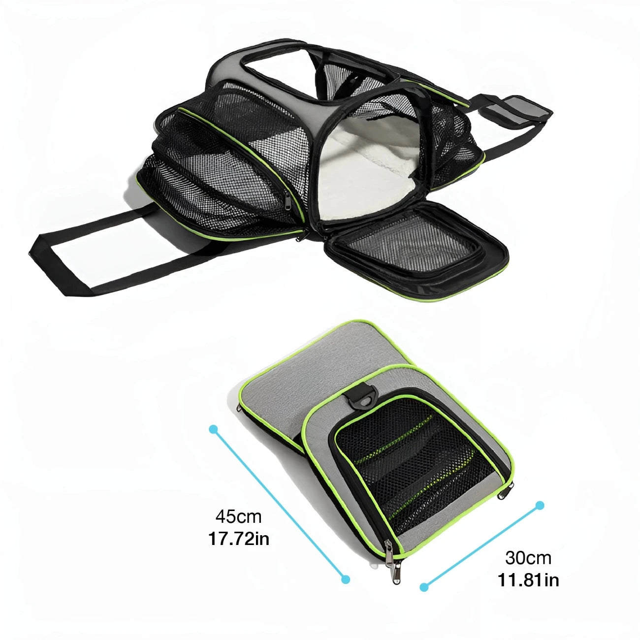 Airline-approved pet carrier bag with breathable mesh, foldable design, and dimensions of 45cm by 30cm for easy travel.