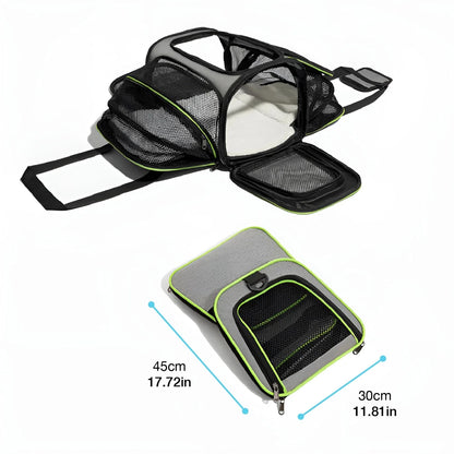 Airline-approved pet carrier bag with breathable mesh, foldable design, and dimensions of 45cm by 30cm for easy travel.