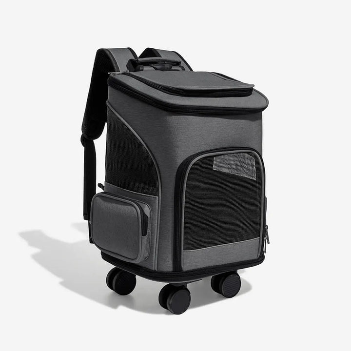 Airline-approved pet travel bag with wheels in gray, designed for comfort and easy transportation.