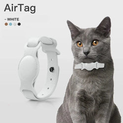Gray cat wearing a white cat collar with apple airtag on a white background