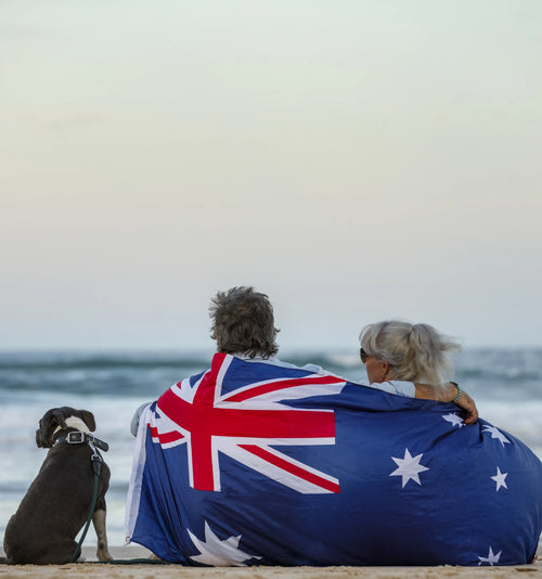 Senior couple and their dog enjoying a peaceful beach sunset – discover pet travel supplies for every adventure
