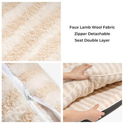 Close-up of faux lamb wool fabric, zipper, and detachable cover on dog sofa style bed