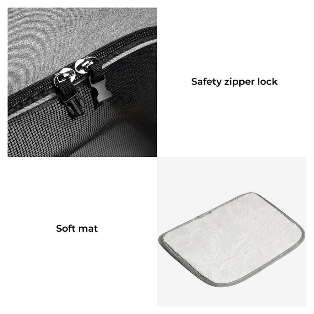 Safety zipper lock and soft mat shown on travel cat carrier backpack