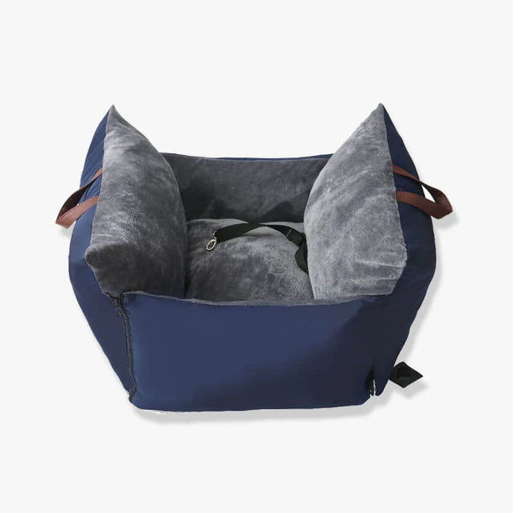 Blue model of a pet car bag carrier with cushion.