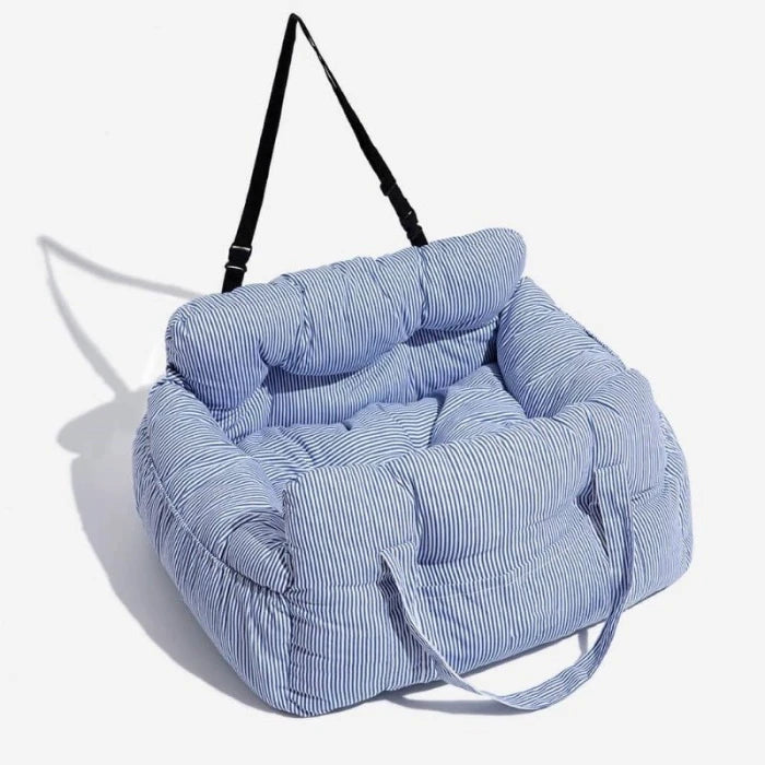 Blue pinstripe pet car seat with strap for safe travel