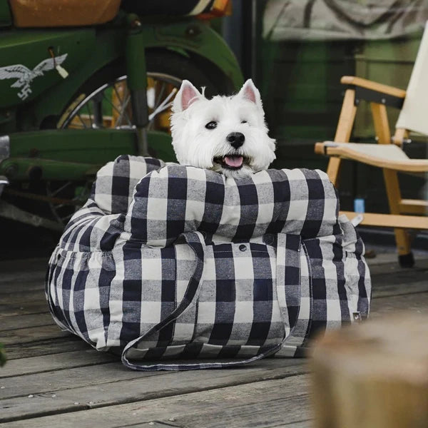 Anti slip pet car seat with plaid design and small white dog