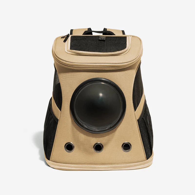 Brown bubble window cat backpack with mesh panels in studio