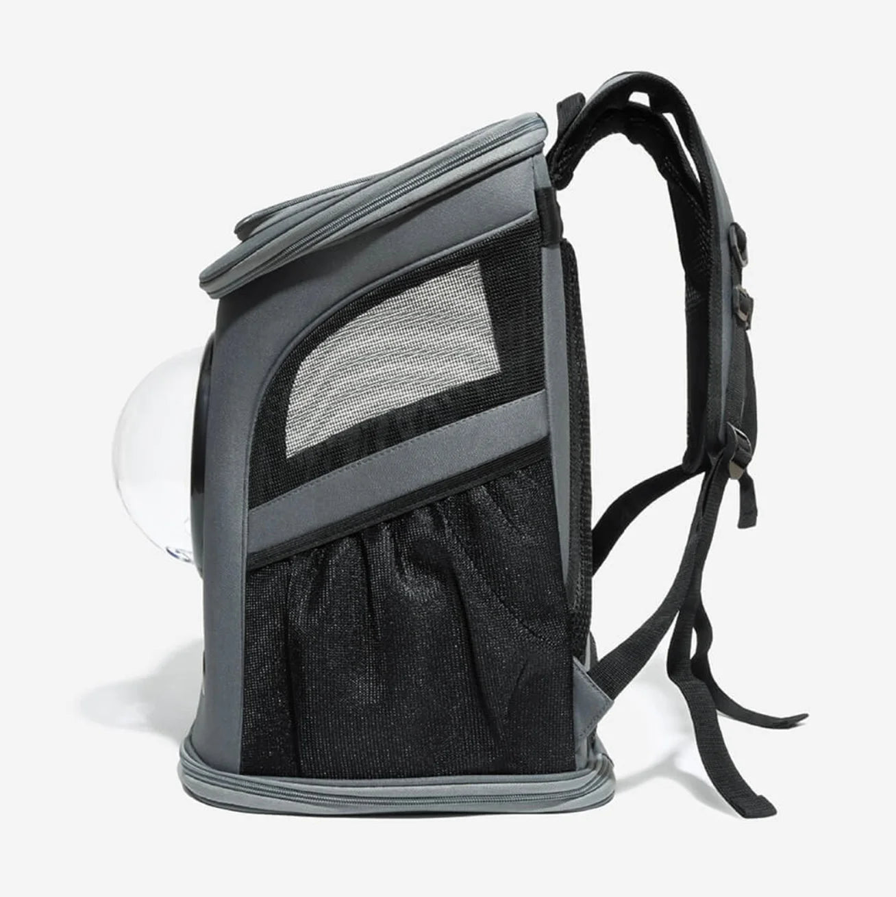 Side view of a black bubble window cat backpack with mesh panels for ventilation and comfortable pet travel.