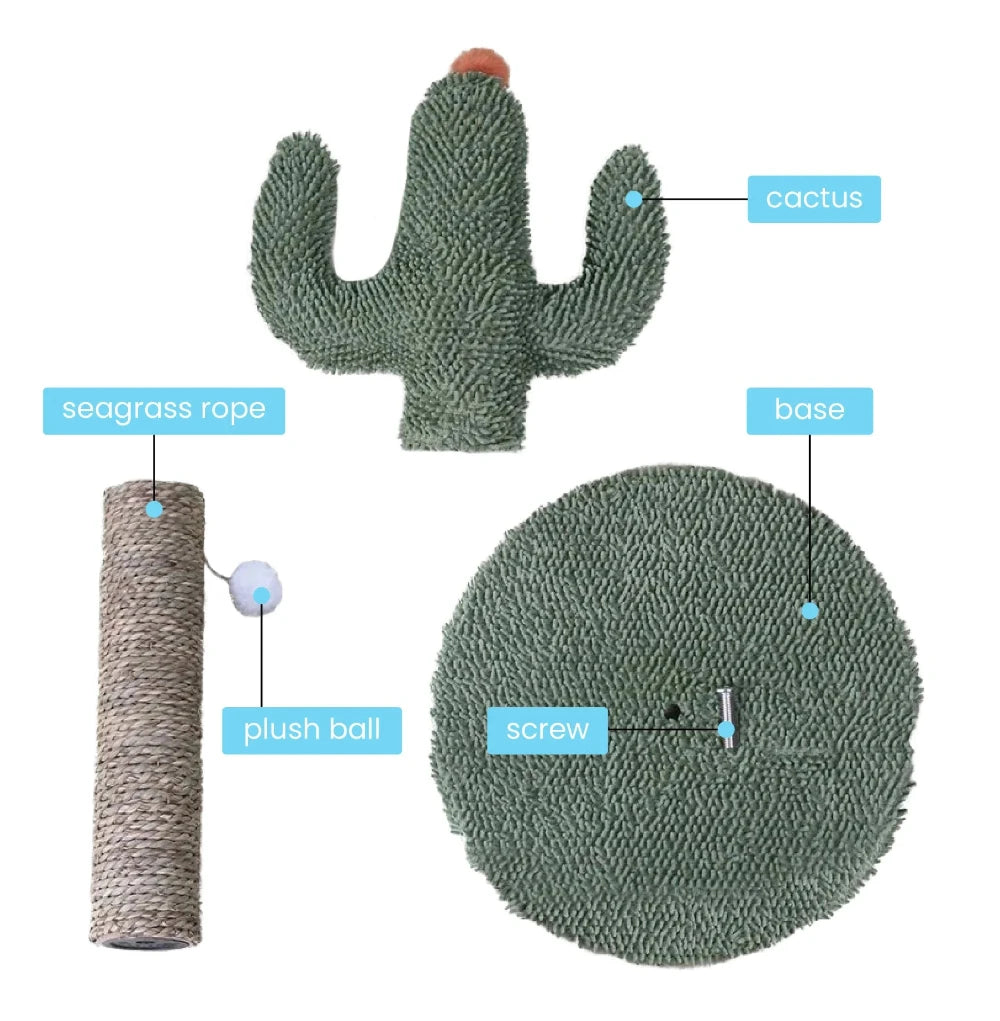 Cactus cat scratcher components including seagrass rope post, plush ball, cactus topper, and stable base for assembly.