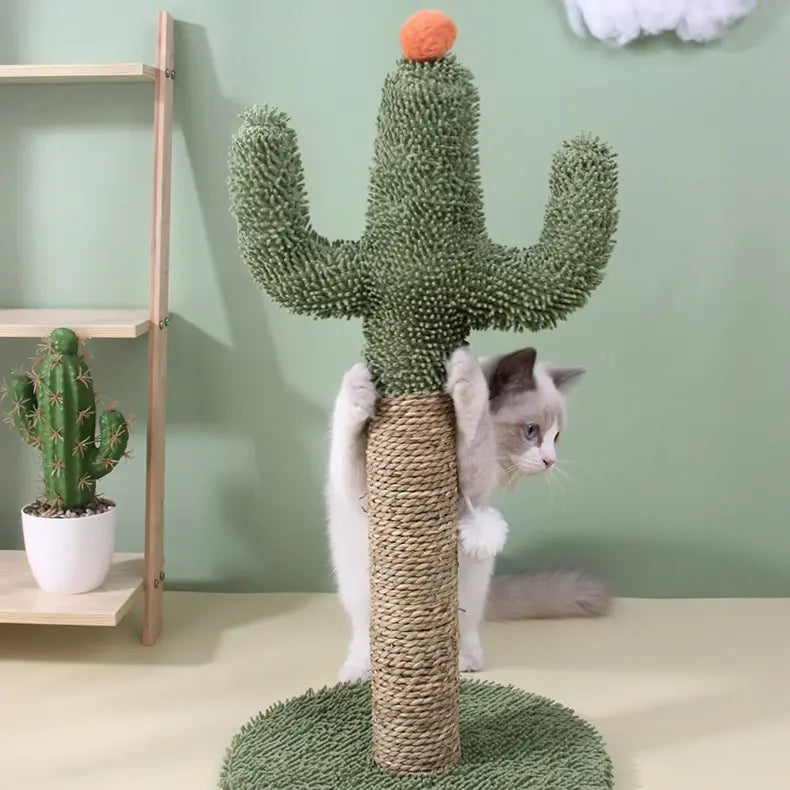 Cat hugging and scratching a cactus cat scratcher pole with a sisal post and plush cactus top