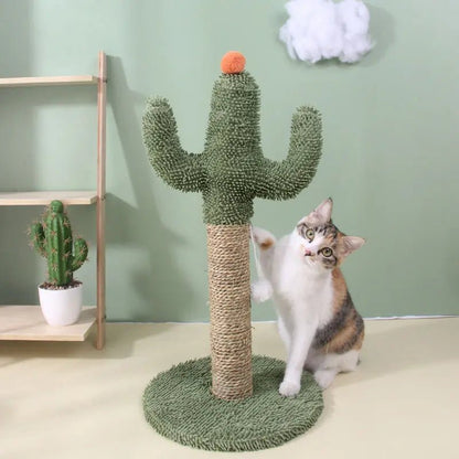 Cat playing with a cactus-shaped scratching post, featuring durable sisal rope and soft top, ideal for indoor amusement.