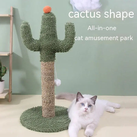 A fluffy cat resting beside a cactus scratcher with dangling ball indoors