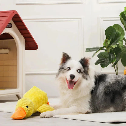 Happy dog playing with a yellow calming duck toy, designed for comfort and stress relief during playtime.