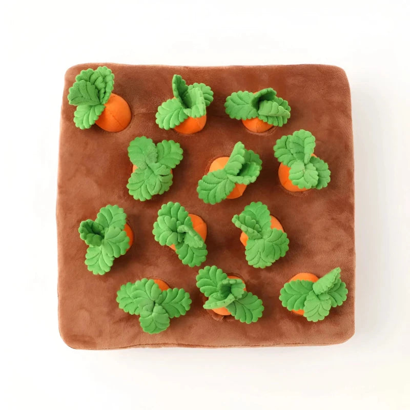 Top view of interactive carrot farm dog toy with soft plush carrots for digging and sensory play.