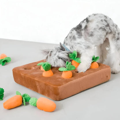 Dog playing with interactive carrot farm toy, stimulating sniffing and digging for mental enrichment.