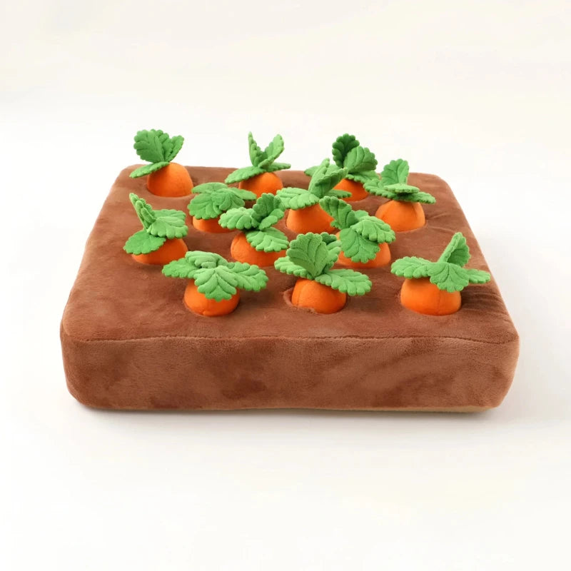 Vegetable hide and seek dog toy, plush carrots in a brown snuffle mat on a white background