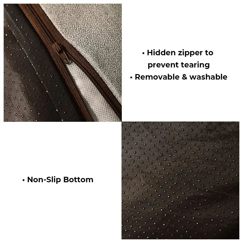 Close-up of a removable cover and zipper on a washable cat pillow bed