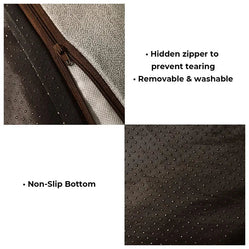 Close-up of a removable cover and zipper on a washable cat pillow bed