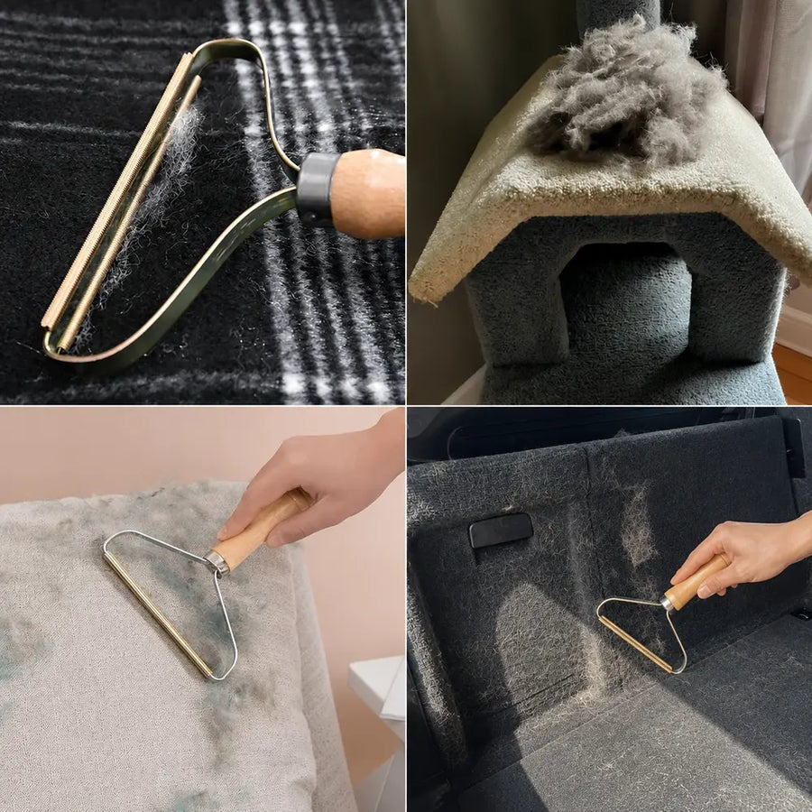 Wooden tool removing cat fur from furniture and a cat house and car boot